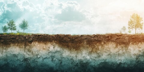 A stunning visualization of earth layers, showcasing soil, roots, and greenery against a serene sky, perfect for nature-themed projects.