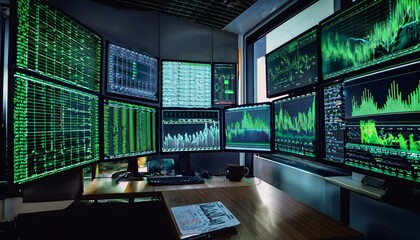 a financial office with a close-up shot, focusing on large digital screens displaying vibrant green stock charts indicating upward trends.