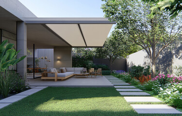 Naklejka premium A modern house with an outdoor patio featuring a covered area, green grass, and plants. The roof is made of light gray panels