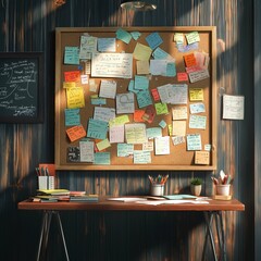 3D illustration ofClassroom bulletin board filled with notes and reminders