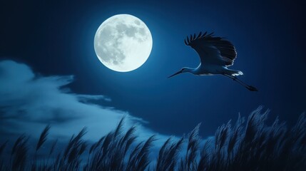 Fototapeta premium A majestic stork in flight across a full moonlit sky, with pampas grass softly blowing in the night breeze.