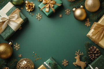 Modern festive spirit. Top view shot showcasing ribbon wrapped presents, opulent baubles, reindeer and snowflake details, golden sequins against green background with space for personalized wishes