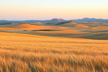 Obraz premium A detailed close-up panoramic view of golden wheat fields gently swaying in the breeze under a clear azure sky during a vibrant sunset. Warm sunlight casts a golden glow over the landscape.
