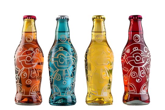Bottles with a robot pattern on the glass, in a product photography style with studio lighting