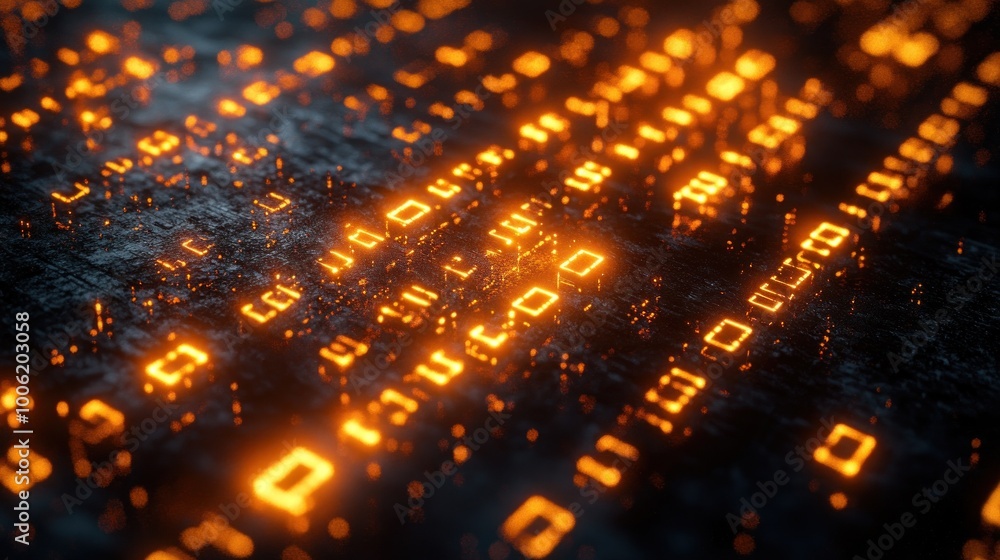 Poster digital matrix with glowing orange binary code