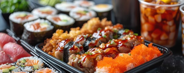 Assorted Japanese sushi and rolls served with side dishes, beautifully presented meal. Free copy space for banner.