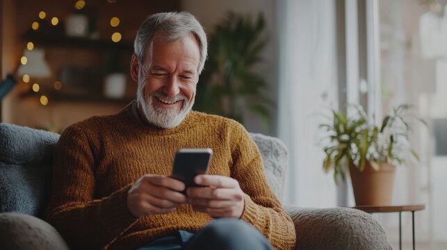 A mature man smiling while reading a message on his mobile phone in a cozy home setting, soft natural light,   ideal for technology use, communication, and lifestyle themes.