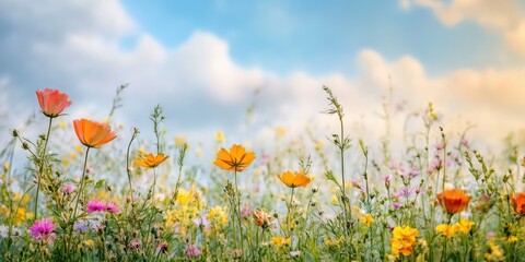 Naklejka premium A vibrant field of wildflowers under a clear blue sky, showcasing nature's beauty and colorful blossoms in full bloom.