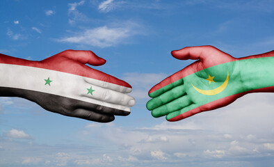 Mauritania and Syrian country handshaking with flags, consensus concept international co-operation illustration