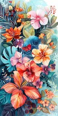 A vivid and intricate watercolor illustration of tropical flowers and leaves, showcasing a rich palette of colors and detailed botanical elements.