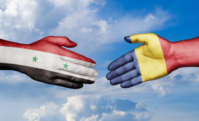 Romania and Syrian country handshaking with flags, consensus concept international co-operation illustration