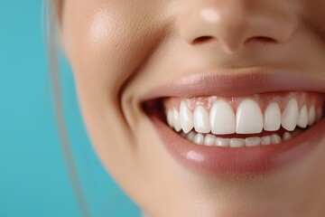 Fototapeta premium Close-up of a woman's joyful smile showcasing her bright, white teeth against a blue background.