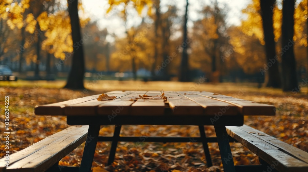 Poster an empty rustic picnic table stands invitingly amidst golden autumn trees and scattered leaves, embo