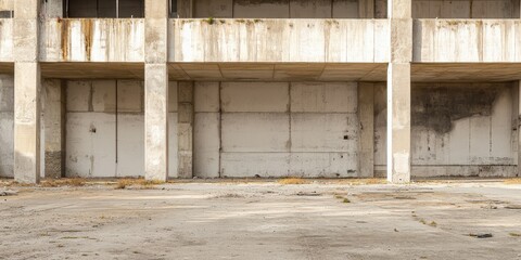 A weathered concrete wall with large doors, showcasing rustic textures and an industrial feel in an urban environment.