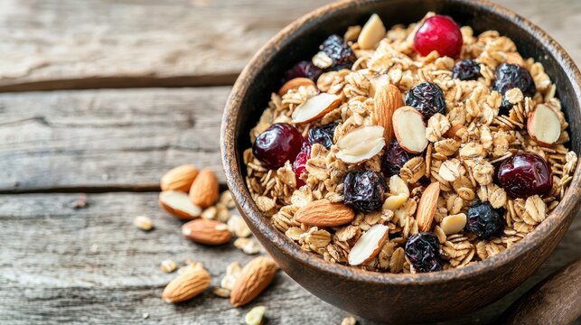 granola cereals with chopped almonds, dried Cherries, dried bluberry, dried crannberies, chopped hazelnuts and chopped pacans