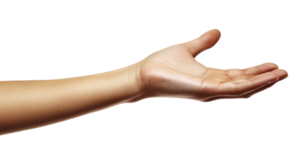 A person extending their hand with an open palm against a plain background during daylight