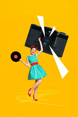 Vertical poster collage young cheerful girl disco music audio stereo vinyl record camera photo...
