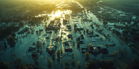 Obraz premium Aerial View of Flooded City Streets and Submerged Houses