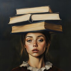Woman with Stack of Books on Her Head - Portrait of a Book Lover