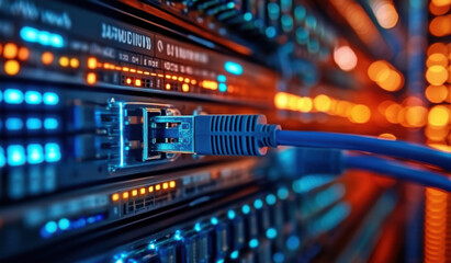 closeup of an internet cable being connected the end port on one side and a network switch with blue wires connected in between on top of it is a colorful display panel showing data flow