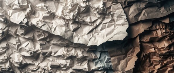 Textured crumpled paper in various shades creates an organic, layered background ideal for crafts, designs, and artistic projects