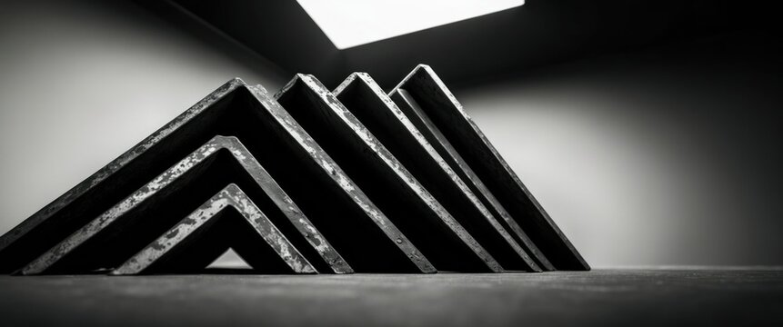 Geometric metal structures create a modern, minimalist aesthetic emphasizing angles and symmetry  Ideal for design, architecture, or contemporary art concepts