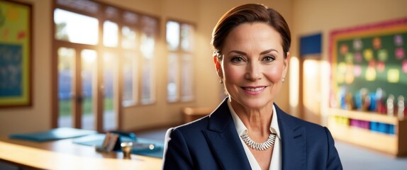 Confident woman smiling in classroom setting, showcasing leadership and professionalism  Ideal for education, training, and mentorship concepts