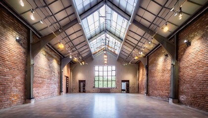 Fototapeta premium a spacious brick concrete hall in soft, light colors, illuminated by an array of stylish ceiling lamps. The hall should exude a modern industrial aesthetic, with a balance of warmth and minimalism.
