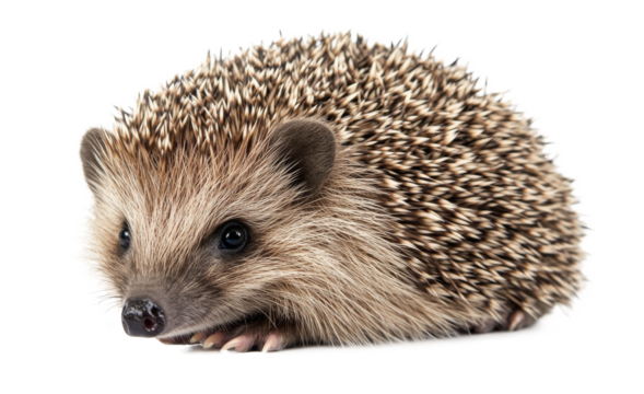 Curious hedgehog sitting quietly on a white surface in a bright, minimalistic setting
