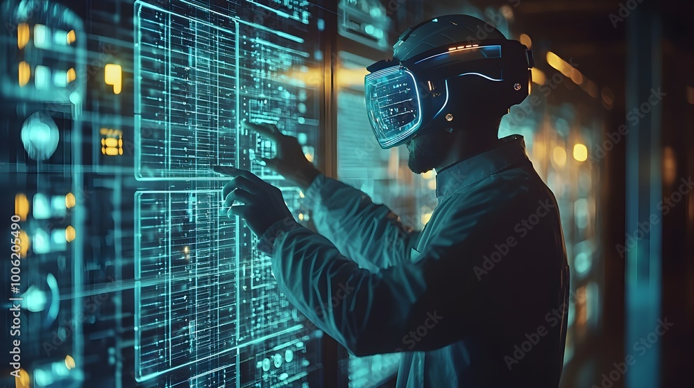 Poster man using futuristic interface