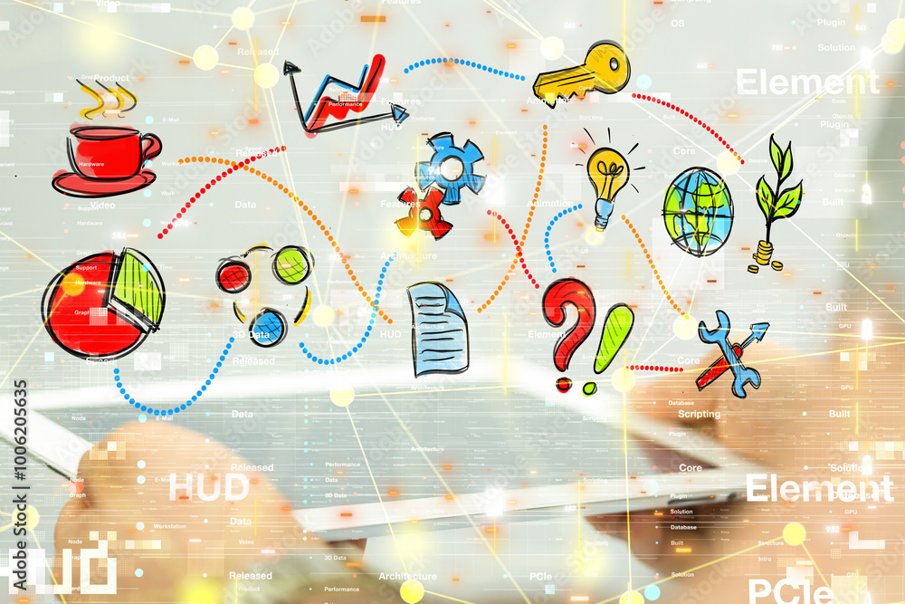 Aufkleber Global network. Blockchain. 3D illustration. Neural networks and artificial intelligence. Abstract