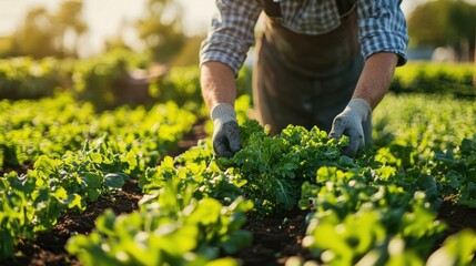 Farmer tending to vegetable garden, bright day, clean background, minimal elements, copy space