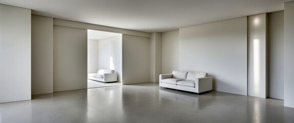 Minimalist interior featuring a modern living room with a couch, emphasizing spaciousness, light, and simplicity in design