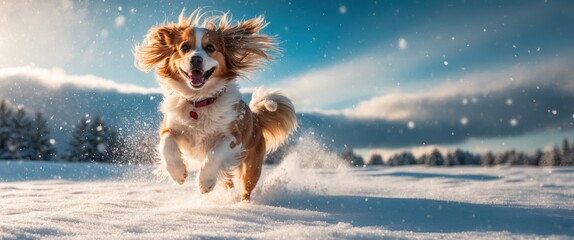 Happy dog running through snowy landscape under bright winter sun, embodying joy and playfulness Perfect for pet, nature, or winter themed uses