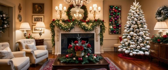 Obraz premium Cozy living room decorated for Christmas with a beautifully adorned tree, festive wreaths, and elegant furnishings, creating a warm holiday atmosphere