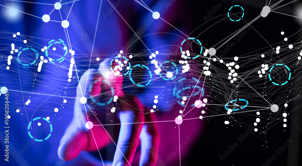 Poster Global network. Blockchain. 3D illustration. Neural networks and artificial intelligence. Abstract