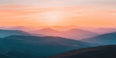 Fototapeta premium Breathtaking landscape at sunset, showcasing rolling mountains and soft pastel hues in the sky, evoking peace and serenity.