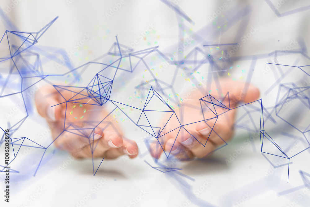 Poster Global network. Blockchain. 3D illustration. Neural networks and artificial intelligence. Abstract