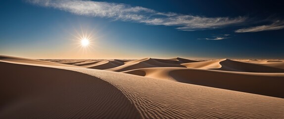 Naklejka premium Vast desert landscape with undulating sand dunes under a bright sun Evokes serenity and warmth, ideal for travel or nature themes