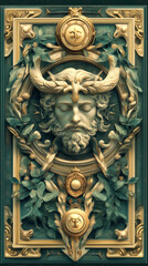 illustration of an ornate relief sculpture of a mythical figure surrounded by foliage
