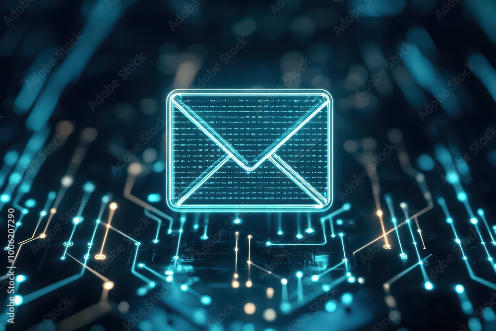 Poster digital envelope icon on a circuit board background with glowing effects.