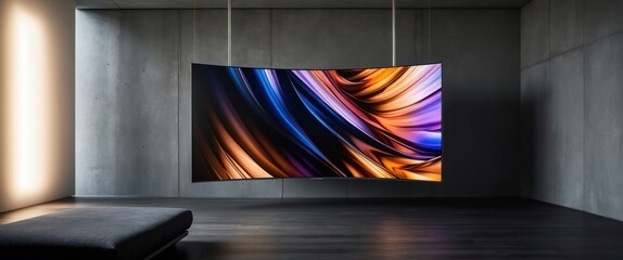 Curved modern TV display with vibrant colors, enhancing contemporary living room design, showcasing innovative technology and aesthetic appeal