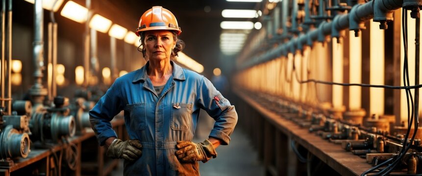 Woman in helmet standing confidently in factory, showcasing strength and professionalism in industrial environment, highlighting women's roles in industry