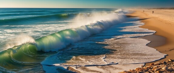 Waves gently crash on a sandy beach under a clear sky, creating a serene atmosphere ideal for relaxation and vacation purposes