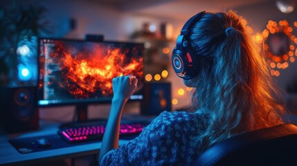 Fototapeta premium woman sitting in a gaming chair wearing headphones and raising a fist in front of a computer setup with an illuminated keyboard and a monitor displaying vibrant fiery graphics