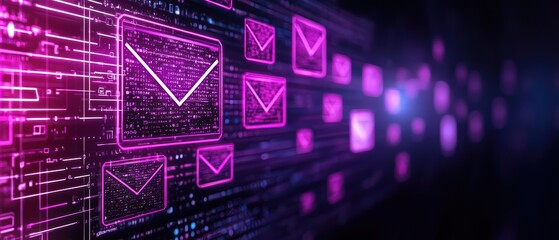 Obraz premium Digital mail icons with neon effects and data connections on a dark background.