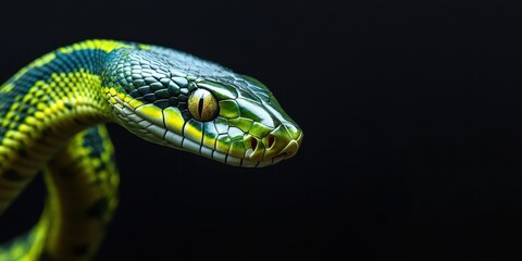 Fototapeta premium Close-up of a vibrant green and yellow snake against a dark background, showcasing its striking features and texture.