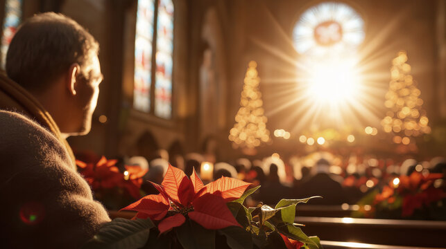 Serene church service with festive poinsettias and sunlight