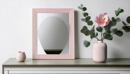 A white wall displays a unique mirror alongside a vase filled with eucalyptus and a pink flower, emphasizing simplicity and elegance in minimalist interior design.