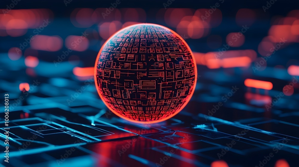 Poster red circuit sphere on tech background